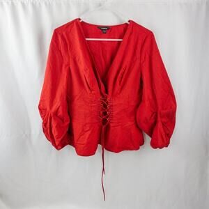 Express Red Lace Up Puff Sleeve Blouse Womens Large